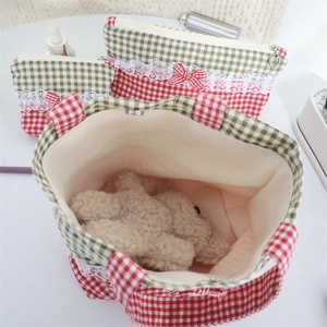Plaid canvas tote bag set with white lace trim and bow including a small lipstick pouch