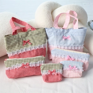 Gingham Checkered Handbag Lace Trim Bow Decor Tote Bag Makeup Pouch And Stationery Case Sweet Cute Daily Styling Women