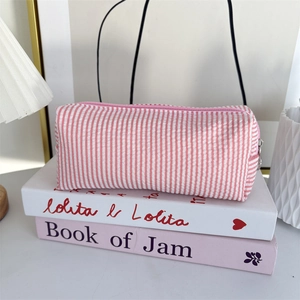 Detailed view of pink striped seersucker pencil case with zipper closure on decorative books