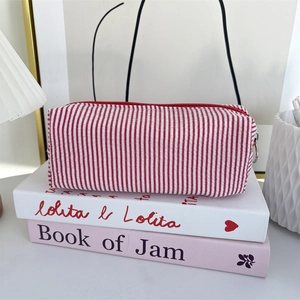 Detail of red and white striped seersucker pencil case with a red zipper on books