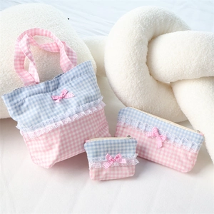 Three-piece lace bow handbag set featuring blue pink plaid cotton and storage pouches