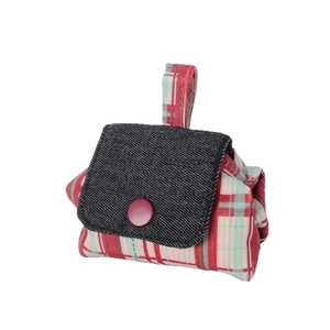 Mini canvas headphone pouch with red checkered pattern and blue denim flap cover