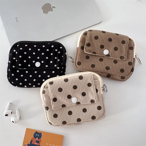 Macro shot of corduroy polka dot coin purses in black, brown, and beige with flip covers