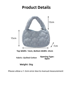 Detailed view of lightweight quilted blue mini bag with cloud texture and measurements