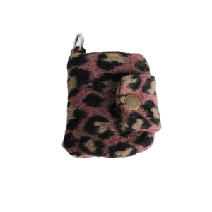 Mini plush leopard print coin purse with pink spots, metal ring, and snap button closure
