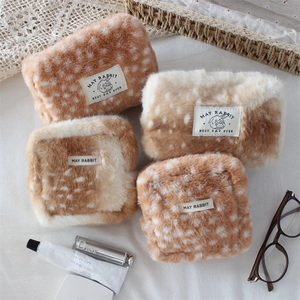 Plush deer pattern makeup bag set with soft faux fur texture and branded label