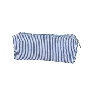 Blue and white seersucker striped pencil case with large capacity and metal zipper