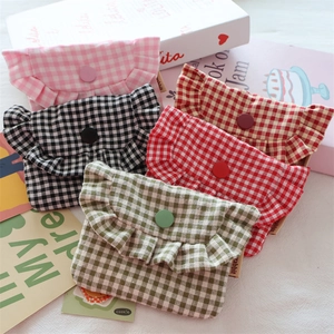 Mini plaid storage bag with ruffle trim and button closure in five assorted colors