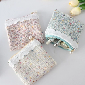 Three elegant tweed coin purses in pink blue white with lace and large pearl zipper details