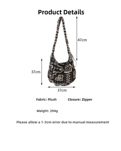 Detailed view of plush paisley tote bag showing dimensions 37x37cm and 294g weight