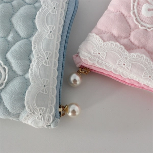 Pochette de rangement matelassée avec dentelle et fermeture éclair à perle pour femme
