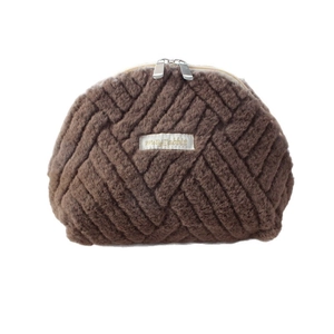Coffee brown plush quilted shell makeup bag with zipper closure and logo detail