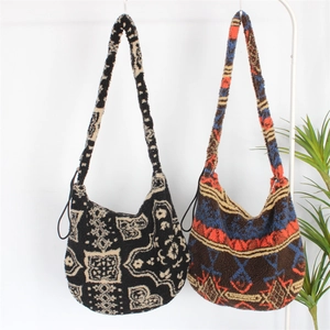 Winter plush tote bag with bohemian geometric pattern and adjustable shoulder strap