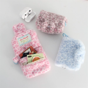 Mini leopard plush coin purse with heart zipper and snap closure for earphones and cards