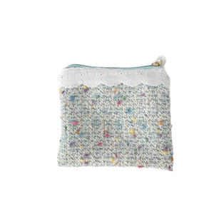 Chic multi-color tweed coin purse with lace bow decoration and large pearl charm zipper