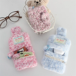 Detailed plush leopard print coin purses with heart zippers in pastel color options