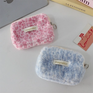 Porte-monnaie en peluche imprimé léopard rose et bleu avec fermeture éclair en métal
