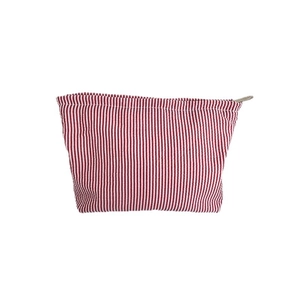 Large capacity seersucker makeup bag with red and white stripes and metal zipper