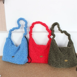 Winter plush drawstring hobo bag with wavy pleated handle and metal logo in three colors