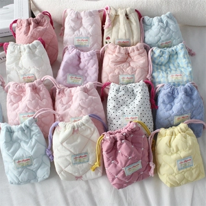 Quilted cotton camera storage bags with heart patterns and colorful drawstring closure