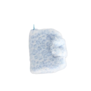 Blue and white leopard print plush binder cover with soft faux fur and plastic clip