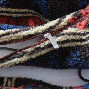 Macro view of geometric patterned plush bag with premium metal zipper and lamb wool texture