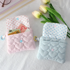 Quilted heart pattern mini card wallet with polka dot lining in pink and blue colors