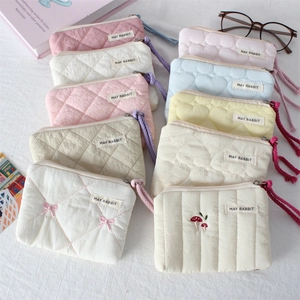 Quilted Coin Purse Mini Cosmetic Bag Zipper Portable Travel Lipstick Storage Pouch Heart Pattern Macaron Colors Women