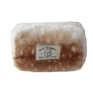 Plush deer pattern makeup bag with soft faux rabbit fur and brand patch detail