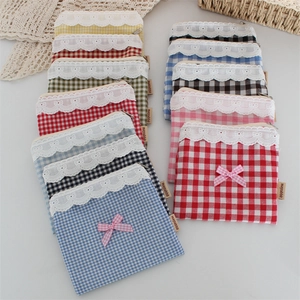 Dolce Portamonete A Quadretti Gingham In Cotone Mini Borsa Portaoggetti Con Bordo In Pizzo E Fiocco Per Donne Ragazze Trousse Per Trucco