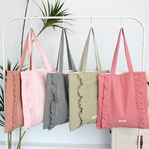 Sac Fourre-tout En Toile À Carreaux Gingham Avec Bordure À Volants Grande Capacité Sac À Épaule Esthétique Pour Femmes