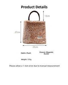 Detailed plush tote bag size specs with deer print and magnetic buckle closure
