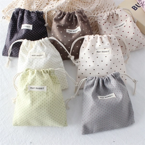 Cotton Canvas Drawstring Pouch Heart Dot Pattern Mini Storage Bag Portable Jewelry Organizer Travel Gift Bag