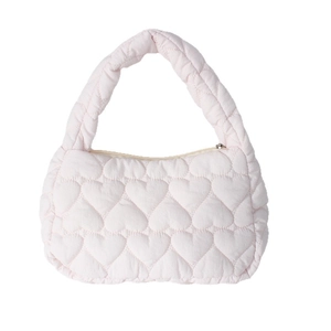 Sweet pink quilted handbag with heart patterns and padded handle for casual daily wear