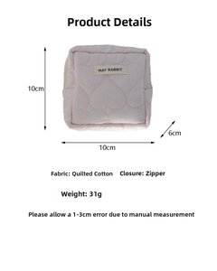Pink quilted cotton makeup bag with heart pattern and dimension detail 10x10x6cm