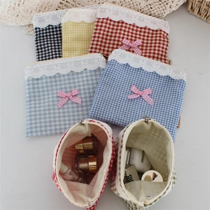 Pochette trucco in tela a scacchi con pizzo bianco e fiocco rosa borsa per cosmetici