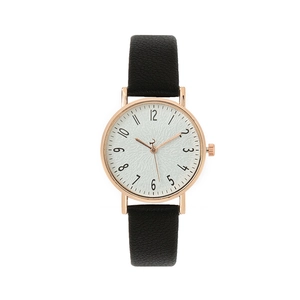 Chic women's quartz watch with rose gold case, ice crack texture dial and black leather strap