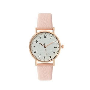 Minimalist women's quartz watch with light pink leather strap and rose gold case
