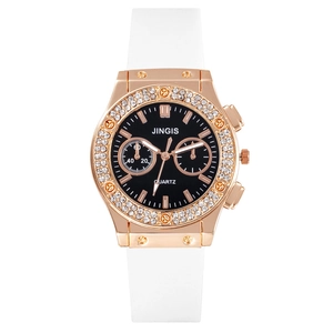 Fashionable rose gold rhinestone quartz watch with black dial and white silicone strap