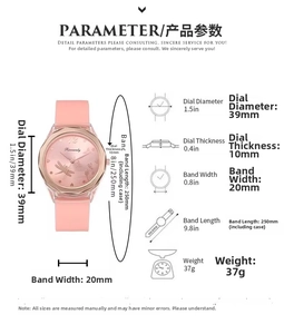 Detailed size chart for pink quartz watch showing 39mm dial diameter and strap dimensions