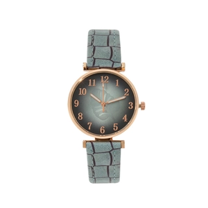 Elegant ladies quartz watch with grey leaf pattern dial and faux leather strap