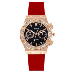 Fashion quartz watch with red silicone strap and crystal bezel in rose gold case