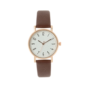 Women Quartz Watch Rose Gold Alloy Case Litchi Pattern Faux Leather Strap Arabic Numerals Casual Simple Fashion Wristwatch