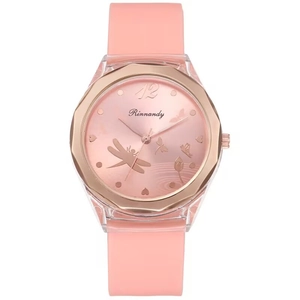Pink silicone watch for women with butterfly and dragonfly printed patterns on dial