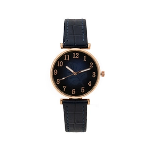 Women's quartz watch with navy leaf dial, rose gold case and crocodile leather strap