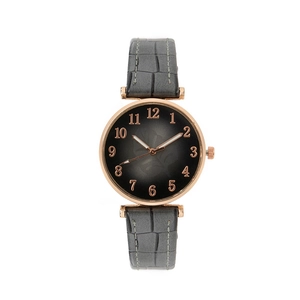 Women's quartz watch with rose gold case, grey leaf pattern dial, and leather strap