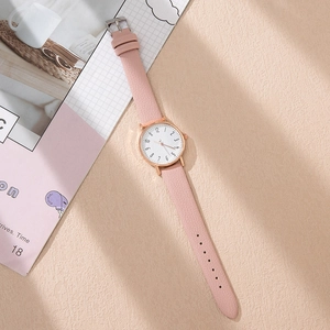 Minimalist women quartz watch with pink leather strap and rose gold round alloy case