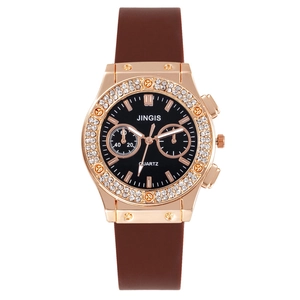 Fashion rose gold quartz watch with diamond bezel and dark brown silicone strap