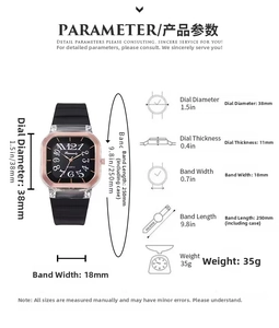 Detailed size chart showing 38mm dial diameter and 250mm band length for silicone watches