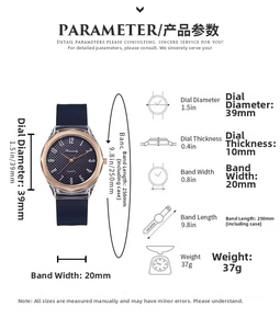 Detailed size specifications for a casual quartz watch with a rose gold case and black dial